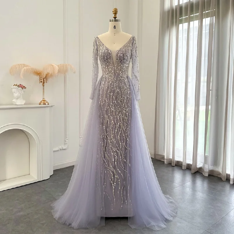 Lilac Long Sleeves Mermaid Evening Dress with Overskirt SS234 Tunics Cozy comfortable Lilac Long Sleeves Mermaid Evening Dress with Overskirt SS234 Tunics Cozy comfortable