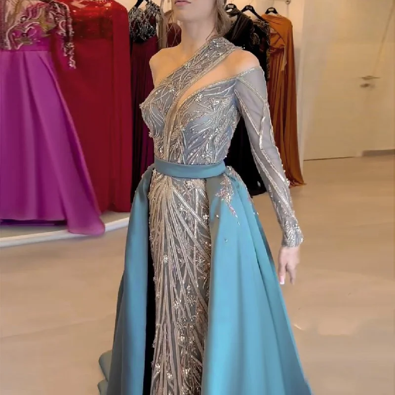 Luxury Turquoise One-Shoulder Evening Dress with Overskirt SS307 Tunics Velvet soft