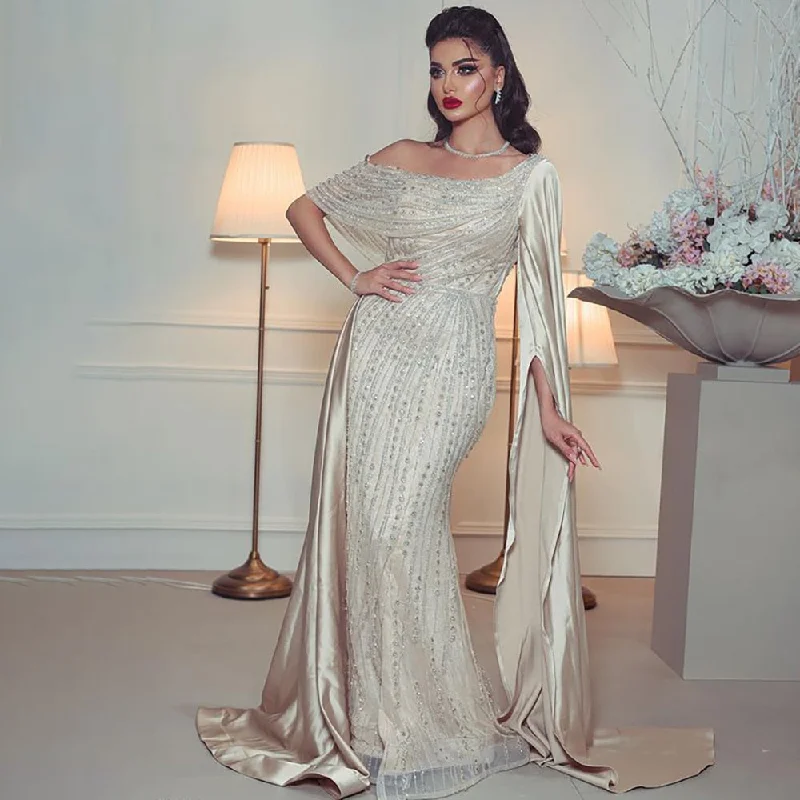 One Shoulder Evening Dress with Cape Sleeve Overskirt SS316 Tunics Polka dots