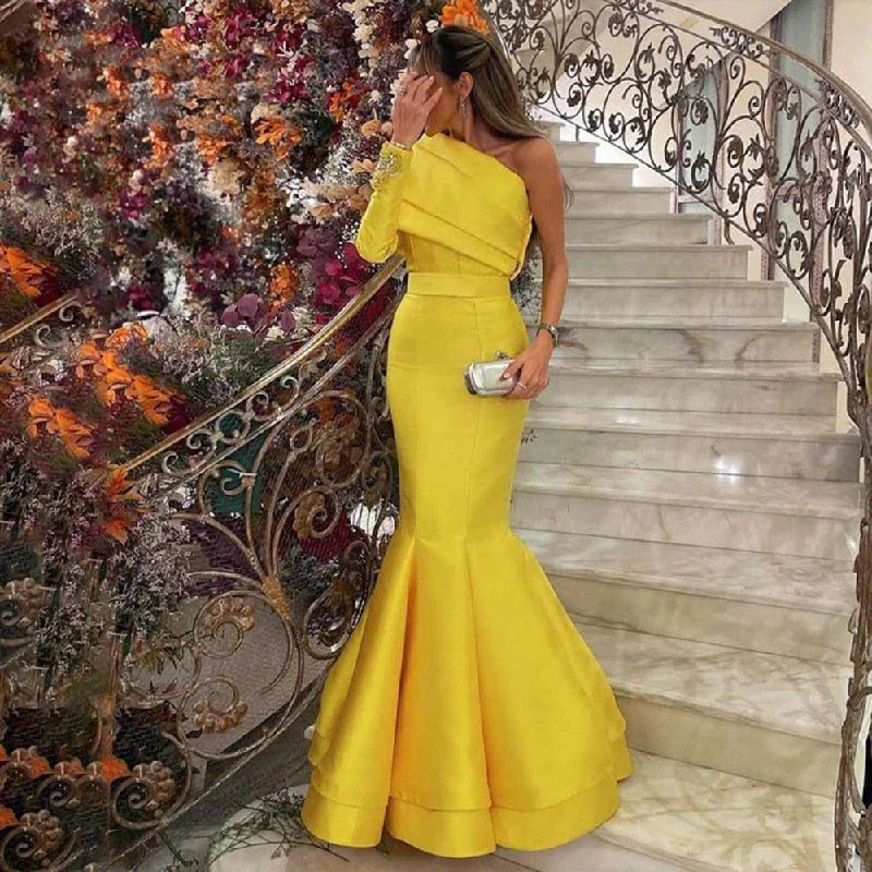 Elegant Yellow One Shoulder Mermaid Evening Dress SF014 Tunics Yoga stretchy