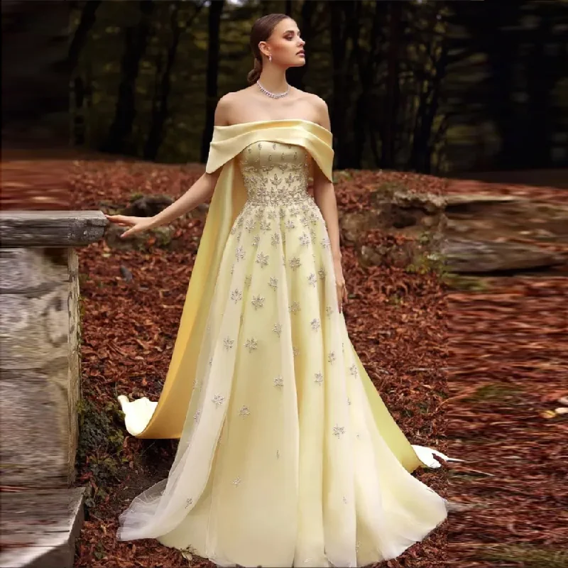 Luxury Yellow Off Shoulder Evening Dress with Cape Train SS455 Tunics Travel practical Luxury Yellow Off Shoulder Evening Dress with Cape Train SS455 Tunics Travel practical
