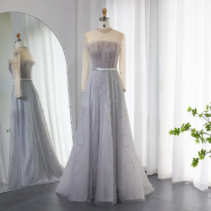 For Sale Beaded Silver Gray Long Sleeve Evening Dresses SS215 Tunics Lace romantic