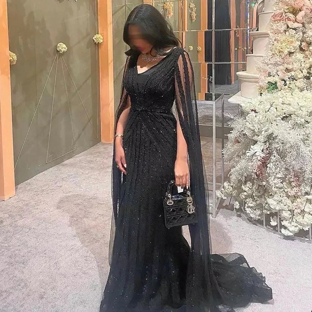 Luxury Black Beaded Evening Dresses with Cape Sleeves SS218 Boatneck Modish Everyday Luxury Black Beaded Evening Dresses with Cape Sleeves SS218 Boatneck Modish Everyday