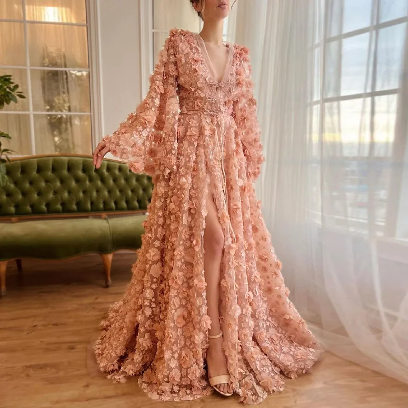 Arabic Peach-Pink 3D Flowers Long Sleeves Evening Dresses SS295 Tunics Cozy soft