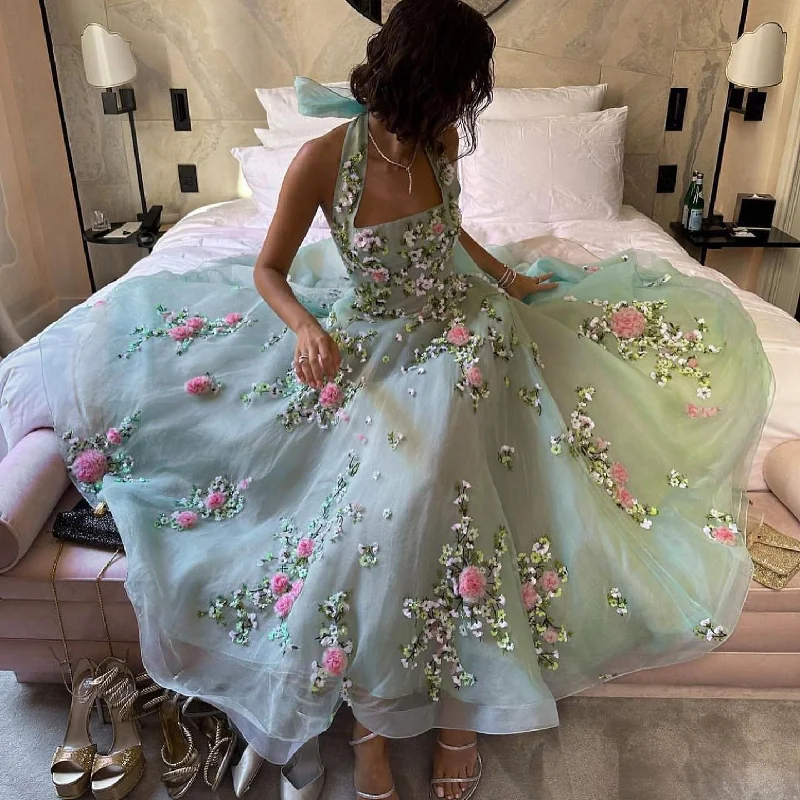 Chic 3D Flowers Halter Aqua Evening Dress SS219 Tunics Luxurious premium