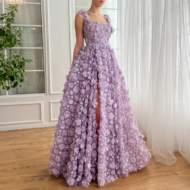 Chic Lilac 3D Embroidered Flowers Slit Evening Dress SS357 Tunics Formal black