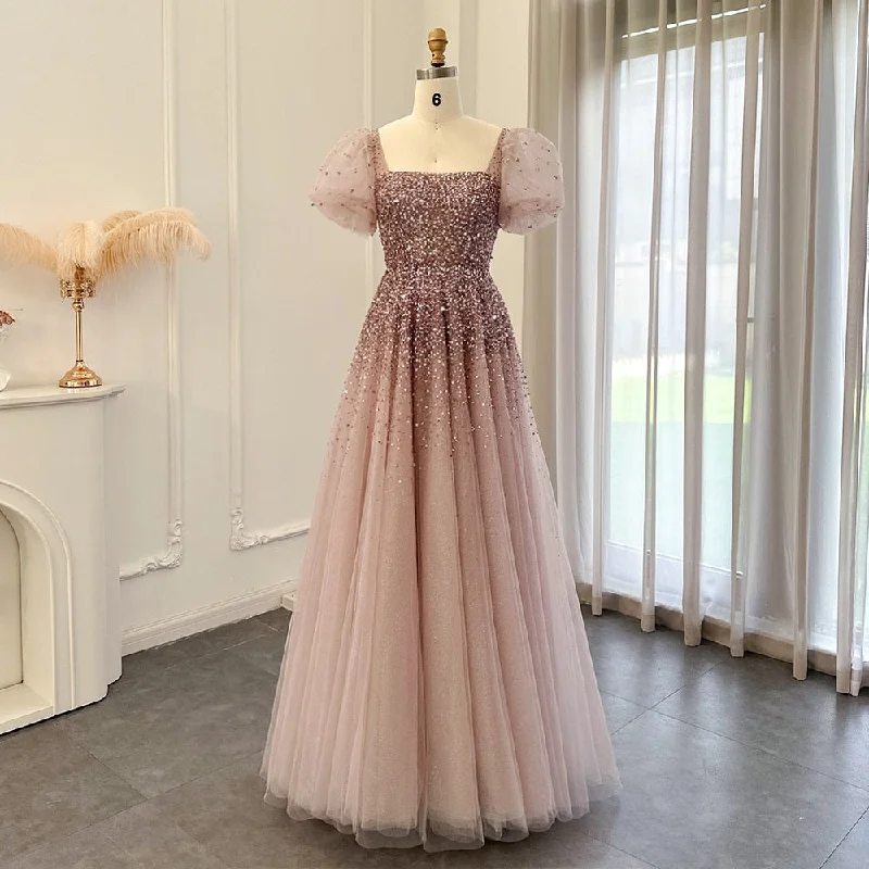 Luxury Rose Pink Beaded A-Line Evening Dress SS109 Tunics Silk luxurious