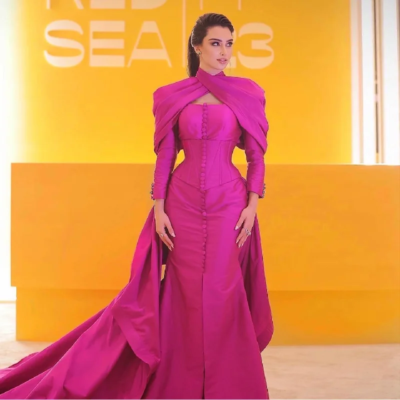 Fuchsia Mermaid Evening Dress with Overskirt Corset Long Sleeves SF030 Tunics Seasonal trendy Fuchsia Mermaid Evening Dress with Overskirt Corset Long Sleeves SF030 Tunics Seasonal trendy