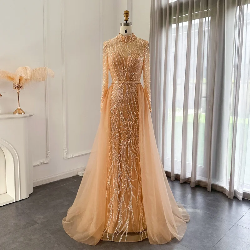 Luxury Gold Long Sleeves Mermaid Evening Dress with Overskirt SS271 Tunics Chic fashionable Luxury Gold Long Sleeves Mermaid Evening Dress with Overskirt SS271 Tunics Chic fashionable
