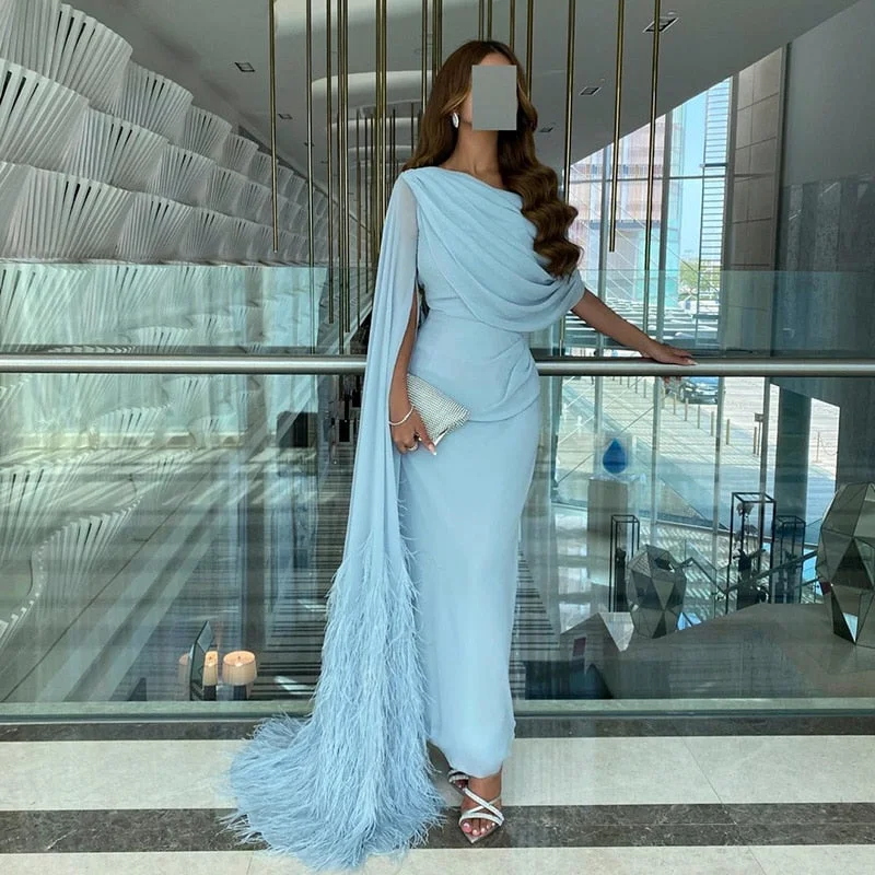 Elegant Light Blue Evening Dresses with Feathers Cape sleeve SS312 Tunics Satin smooth Elegant Light Blue Evening Dresses with Feathers Cape sleeve SS312 Tunics Satin smooth