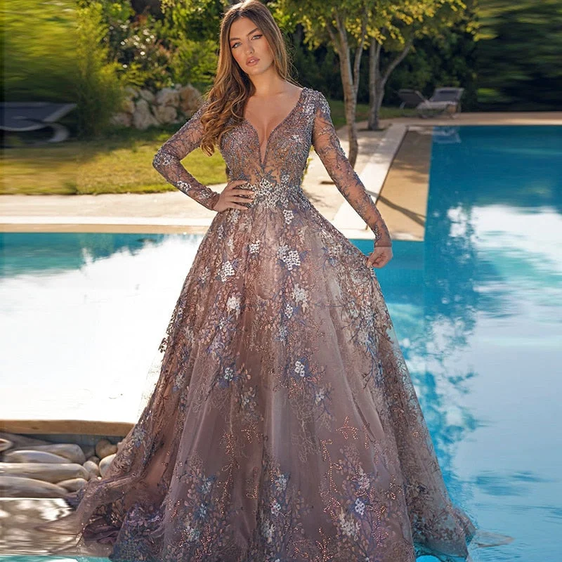 Elegant Pink Long Sleeves Embroidery Evening Dress SS041 Tunics Long Elegant