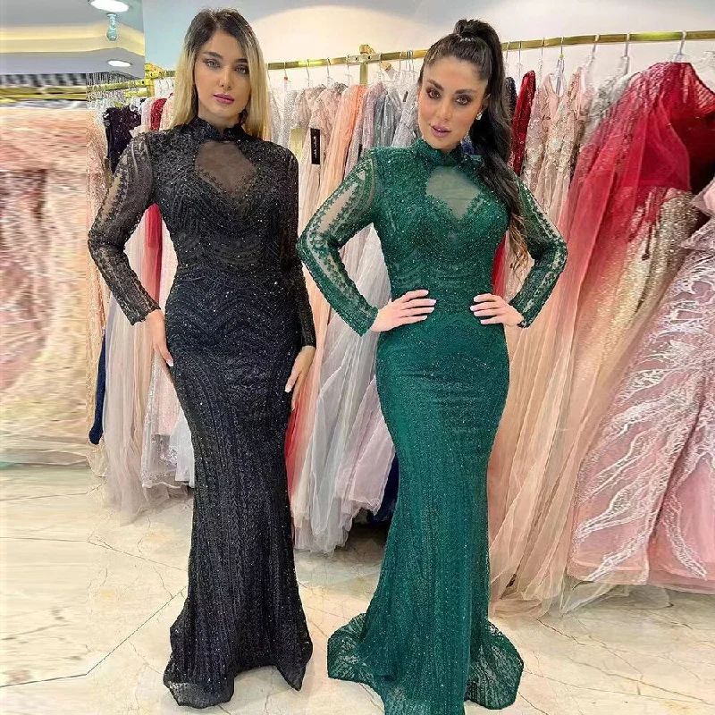 Elegant Mermaid Emerald Green Long Sleeves Evening Dress SS078 Tunics Sale discount