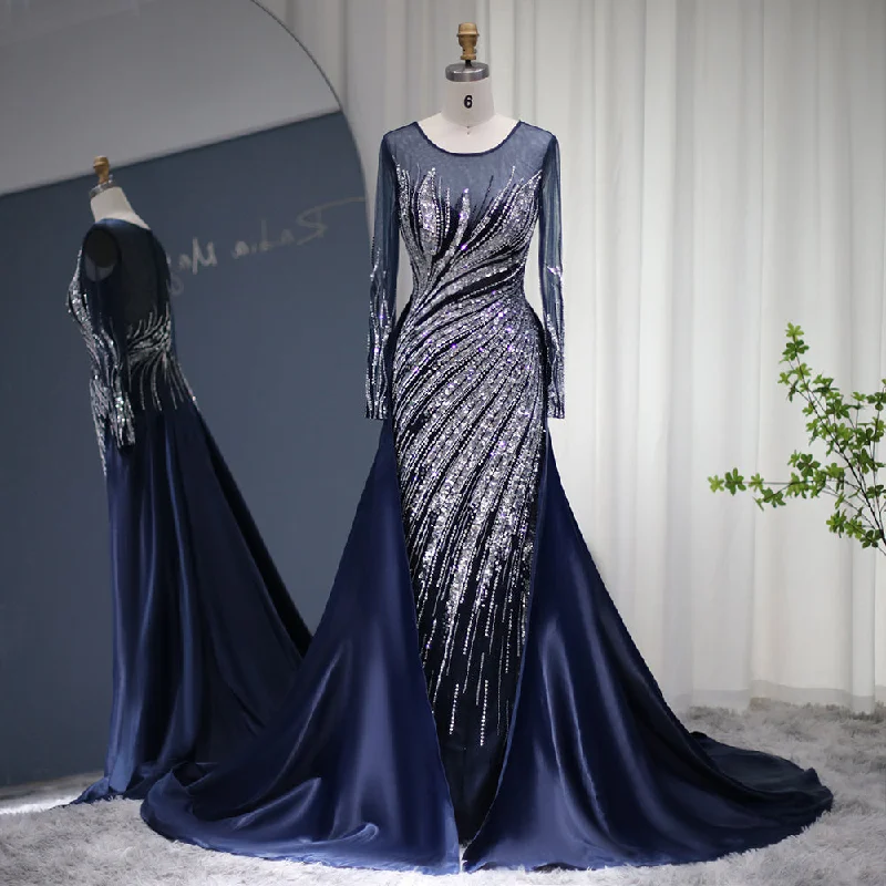 Luxury Blue Long Sleeves Mermaid Evening Dress with Overskirt SS305 Tunics Versatile functional Luxury Blue Long Sleeves Mermaid Evening Dress with Overskirt SS305 Tunics Versatile functional