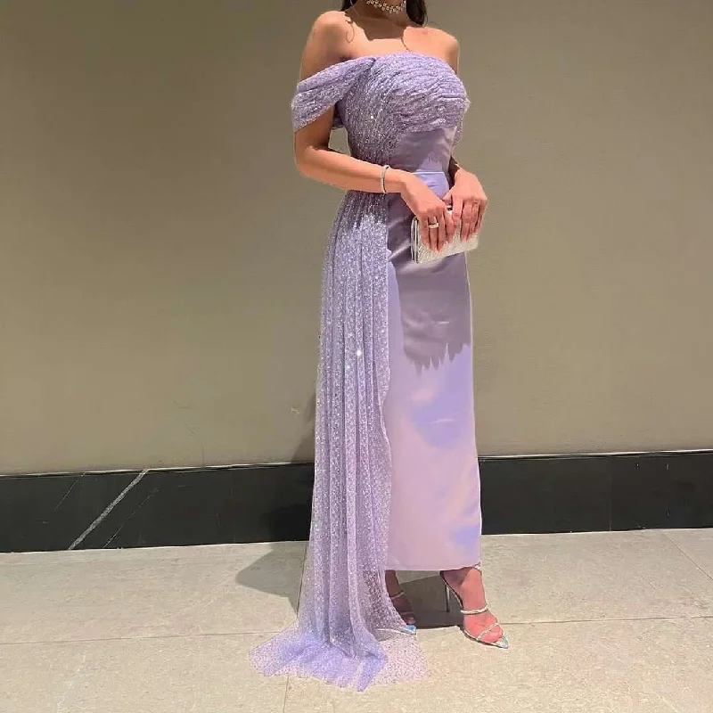 Elegant Off Shoulder Lilac Evening Dress with Overskirt SS340 Tunics Polka dots