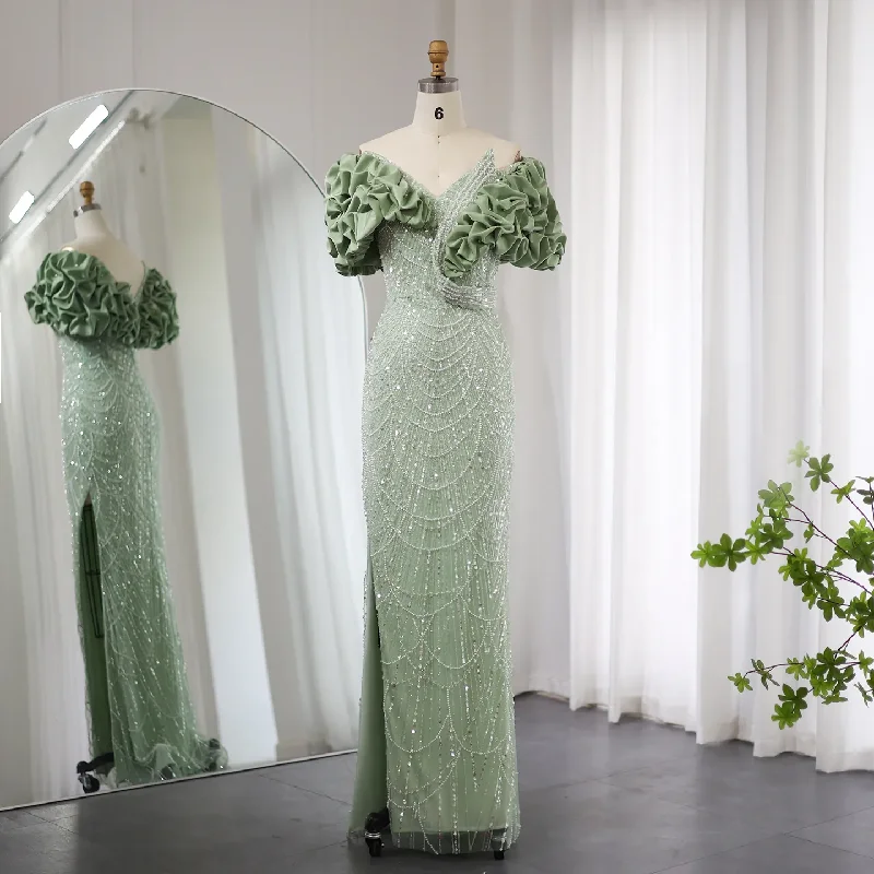 Elegant Off Shoulder Mermaid Sage Green Slit Evening Dress SS288 Tunics Floral girly