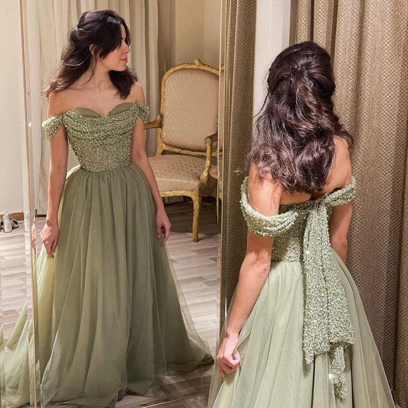 Elegant Off Shoulder Sage Green A-Line Evening Dress SS314 Tunics Occasion special