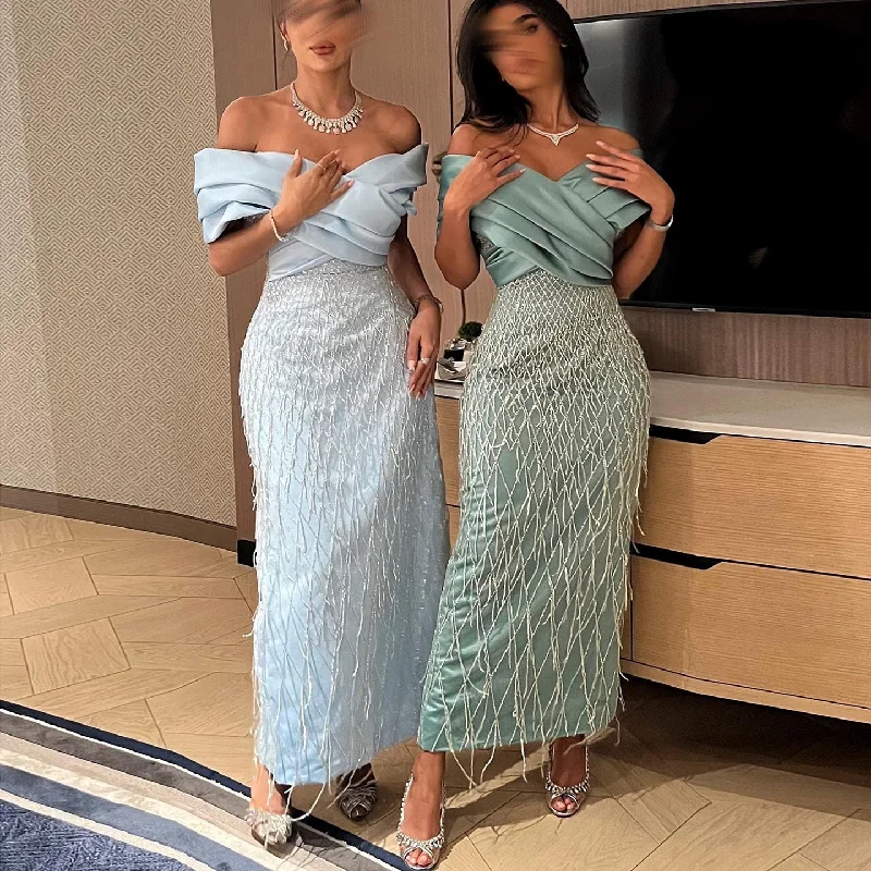 Elegant Off Shoulder Sage Green Tassel Evening Dress SS447 Tunics New arrival