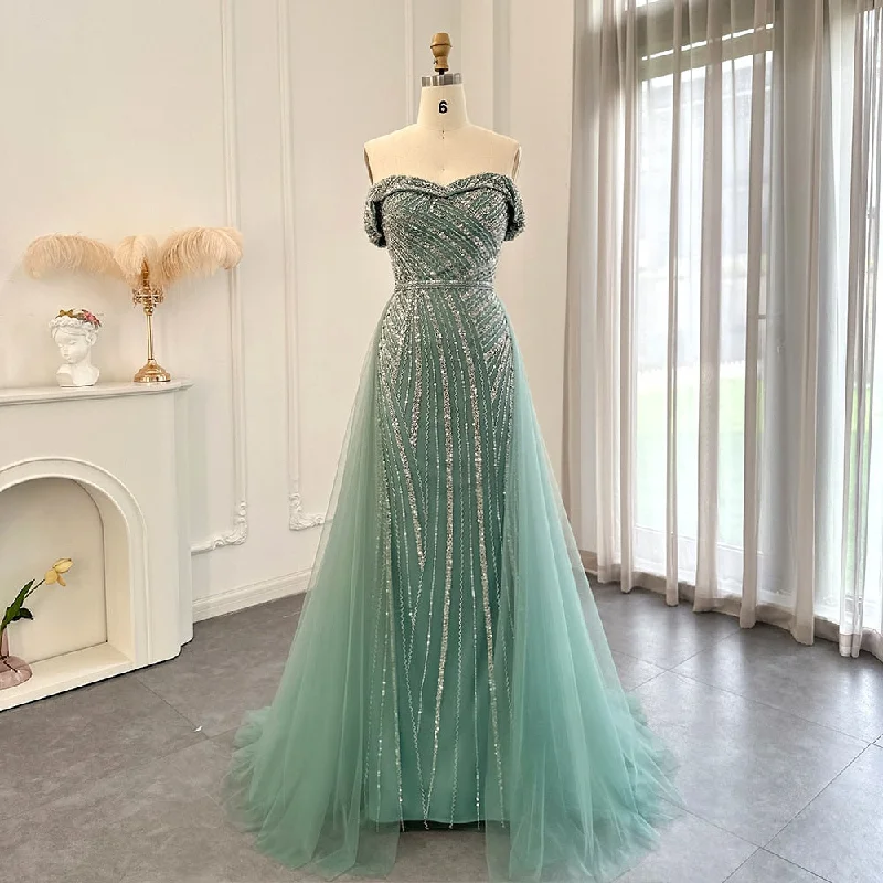 For Sale Off Shoulder Sage Green Overskirt Evening Dress SS244 Tunics Review highly