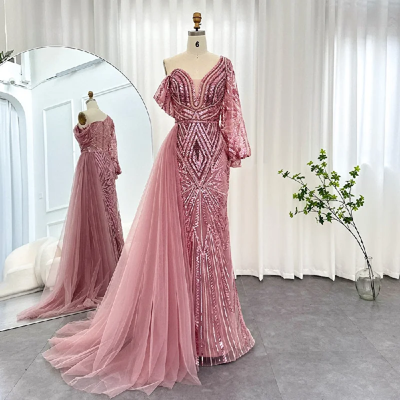 Luxury One Shoulder Mermaid Pink Evening Dress with Overskirt SS150 Tunics Short Trendy Luxury One Shoulder Mermaid Pink Evening Dress with Overskirt SS150 Tunics Short Trendy