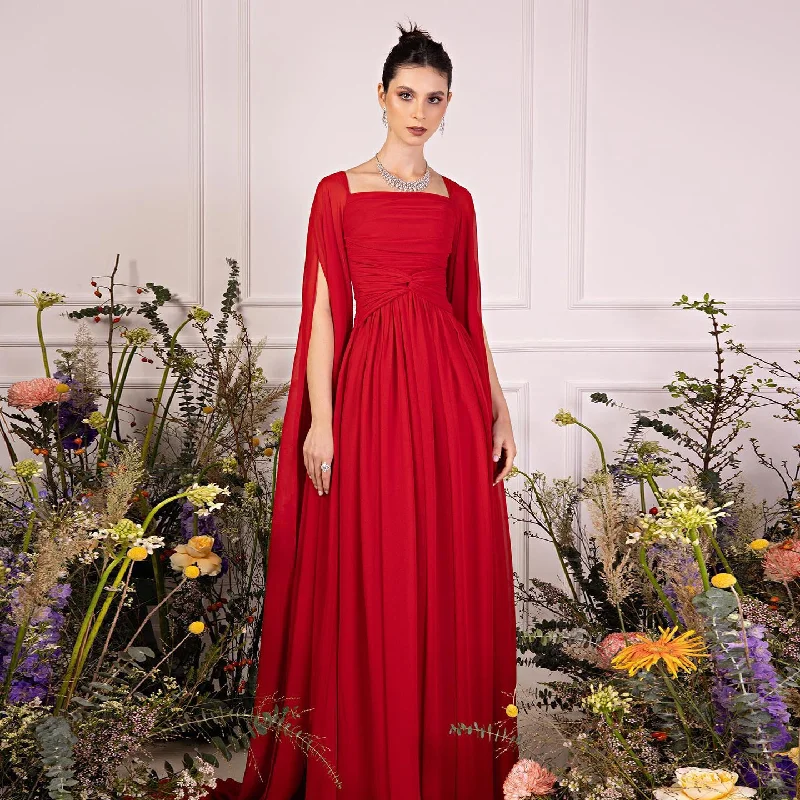 Elegant Red Chiffon Evening Dresses with Cape Sleeves SF032 Satin Halter Glamorous