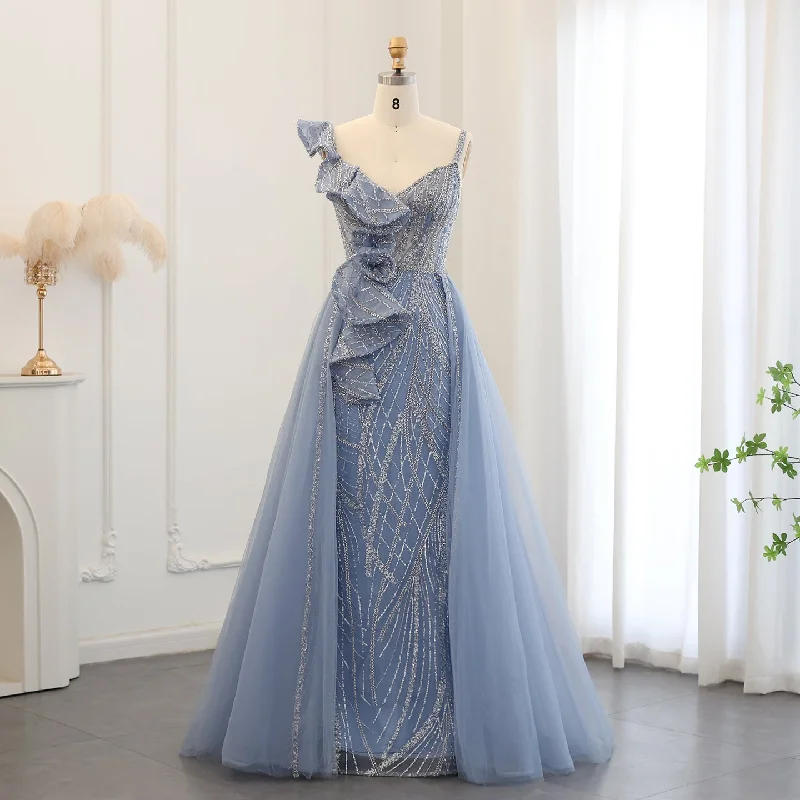 Elegant Spaghetti Blue Mermaid Evening Dress with Overskirt SS095 Tunics Brand named Elegant Spaghetti Blue Mermaid Evening Dress with Overskirt SS095 Tunics Brand named