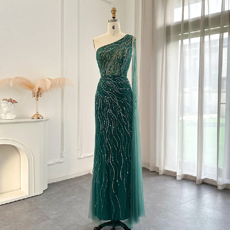 Emerald Green One Shoulder Evening Dress with Cape Sleeve SS219 Tunics Modern contemporary
