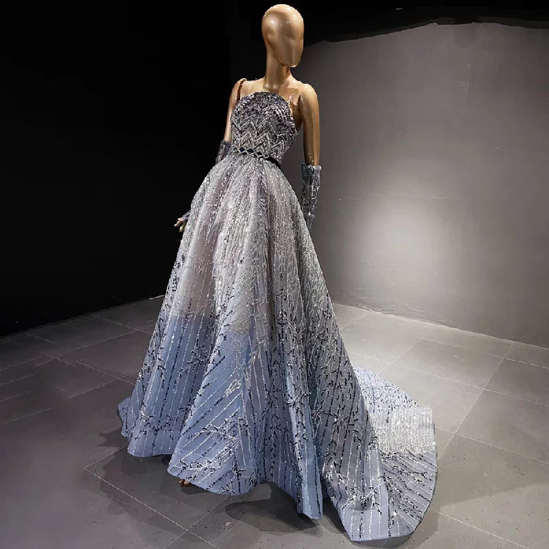 Glitter Crystal Beaded Blue Evening Dress with Sleeves SS552 Off-the-shoulder Bohemian Festive