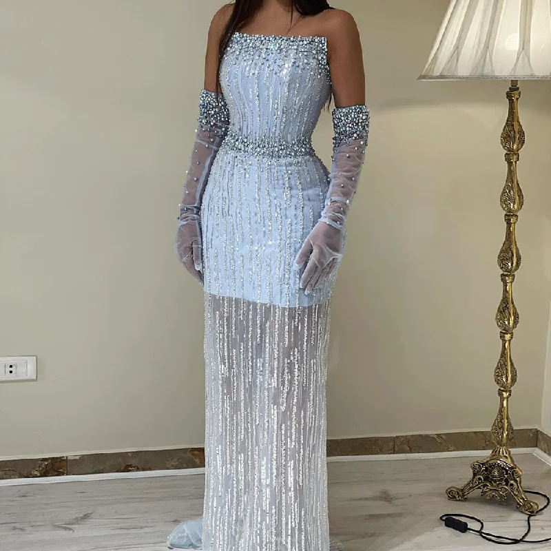 Luxury Pearls Blue Strapless Evening Dress with Gloves SS395 Square Neckline Feminine Luxury Pearls Blue Strapless Evening Dress with Gloves SS395 Square Neckline Feminine