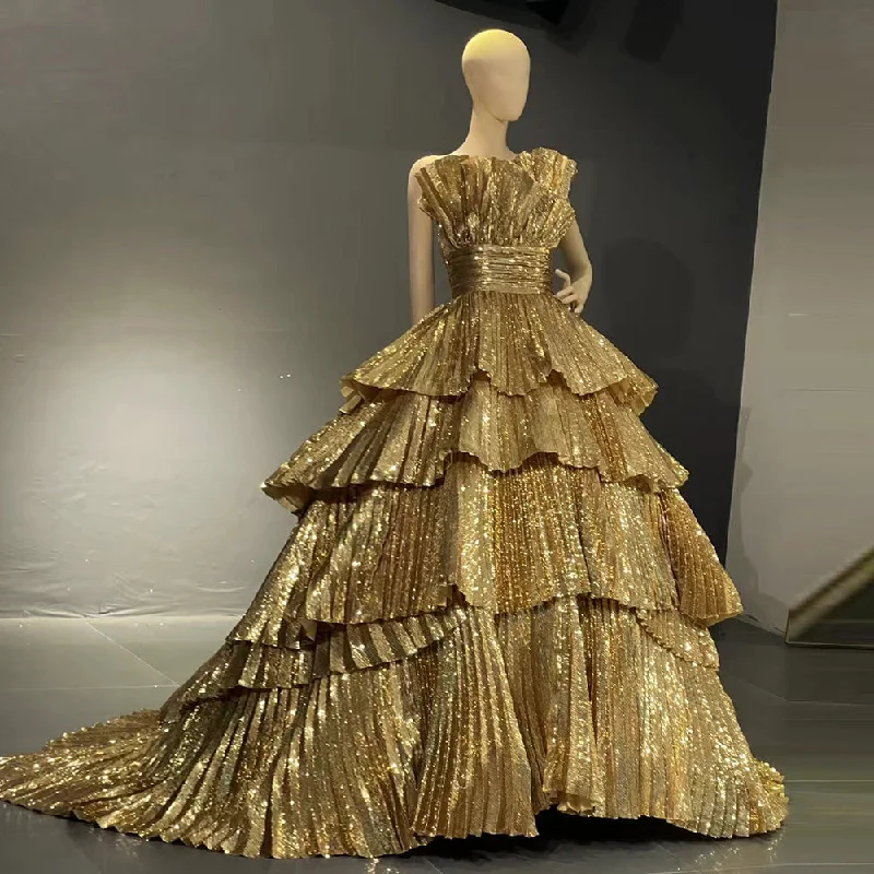Luxury Gold Ruffles Scalloped Evening Dress SS567 Halter Neckline Beach