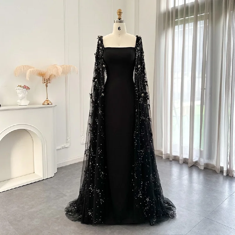 Luxury 3D Flowers Black Evening Dress with Cape Sleeves SS479 Tunics Denim casual