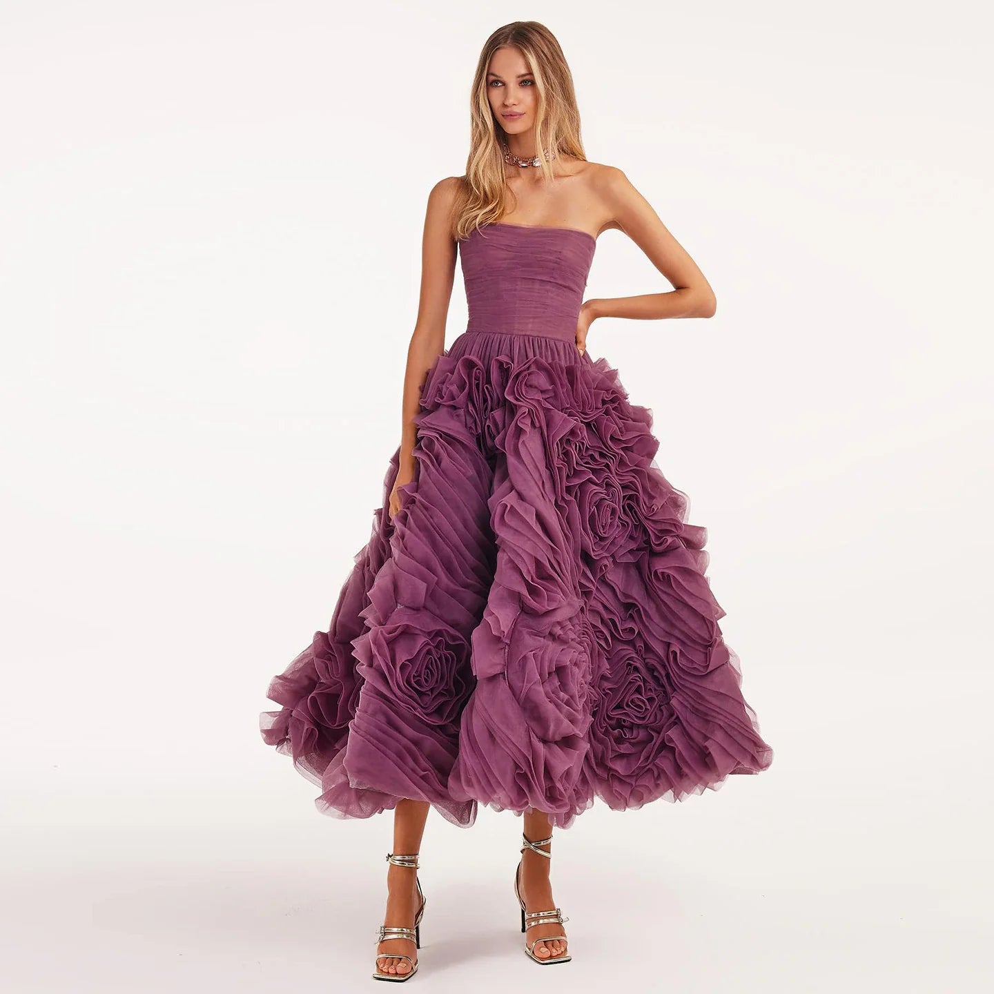 Luxury 3D Rose Flower Purple Strapless Evening Dress SS343 Tunics Velvet soft
