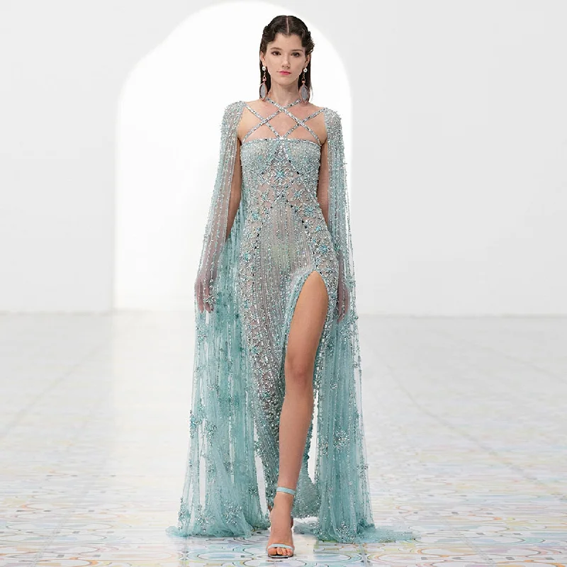 Luxury Aqua Crisscross Evening Dress with Cape Sleeves SS391 Tunics Review highly