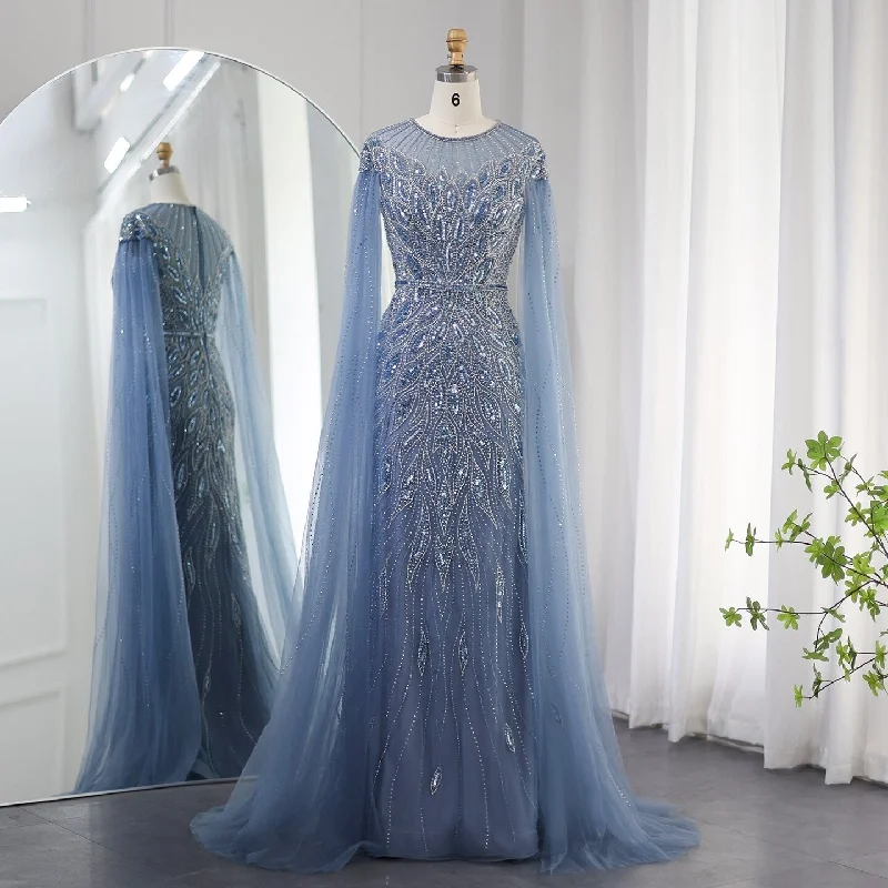 Luxury Blue Mermaid Evening Dress with Cape Sleeves SS009 High-Low Hemline Casual