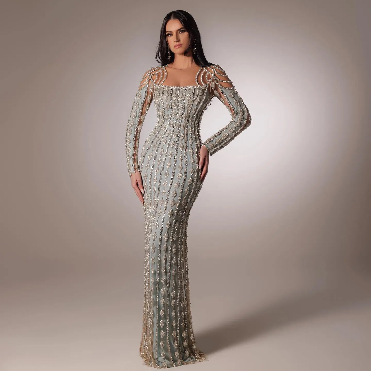 Luxury Sage Green Long Sleeves Mermaid Evening Dress SS398 Boatneck Modish Everyday
