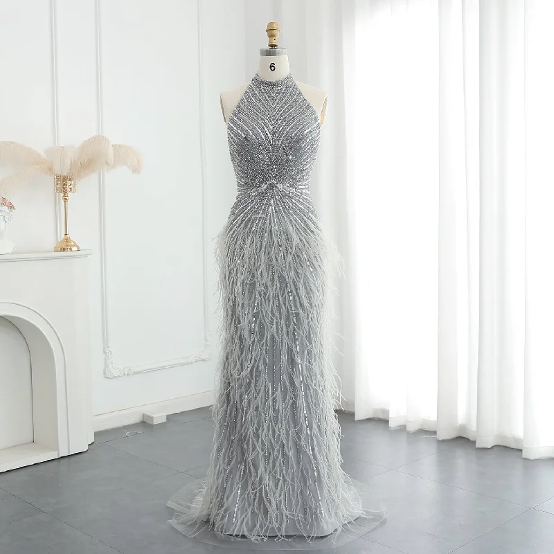 Luxury Beaded Feathers Silver Halter Evening Dress SS006 A-Line Day Work