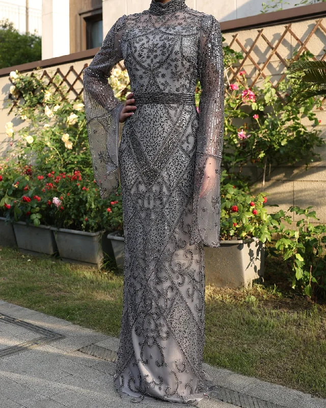 Luxury Beaded Gray Evening Dress with Flare Long Sleeves SS204 Bodycon Fitted Nightout