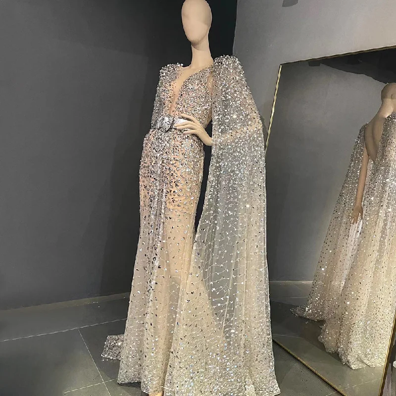 Luxury Beaded Silver Nude Evening Dress with Cape Sleeve SS556 Shift Classic Vintage Luxury Beaded Silver Nude Evening Dress with Cape Sleeve SS556 Shift Classic Vintage