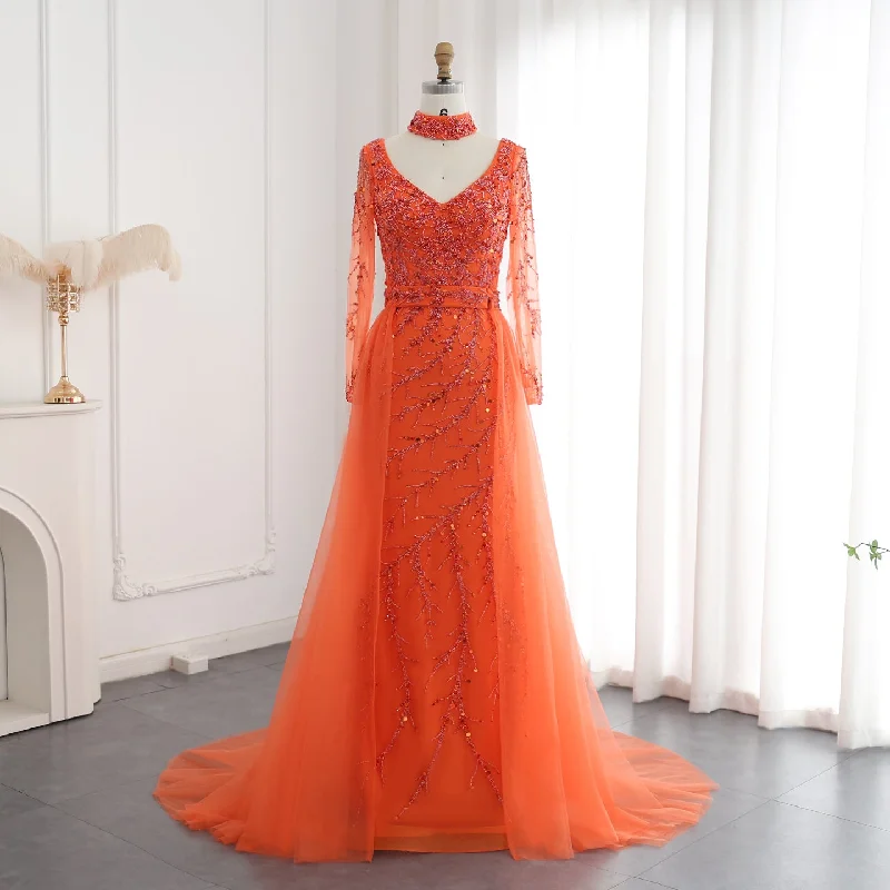 Luxury Beaded Mermaid Orange Evening Dress with Overskirt SS222 Tunics Prom sequined Luxury Beaded Mermaid Orange Evening Dress with Overskirt SS222 Tunics Prom sequined