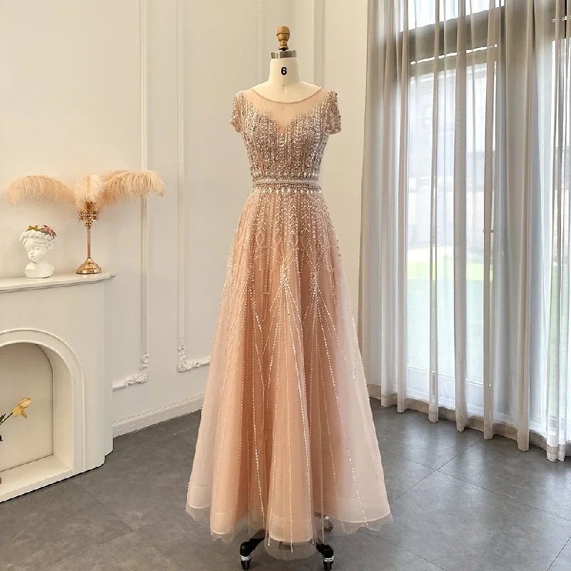 Luxury Beaded Pale Pink Short Sleeve Evening Dress SS059 Pencil Length Work
