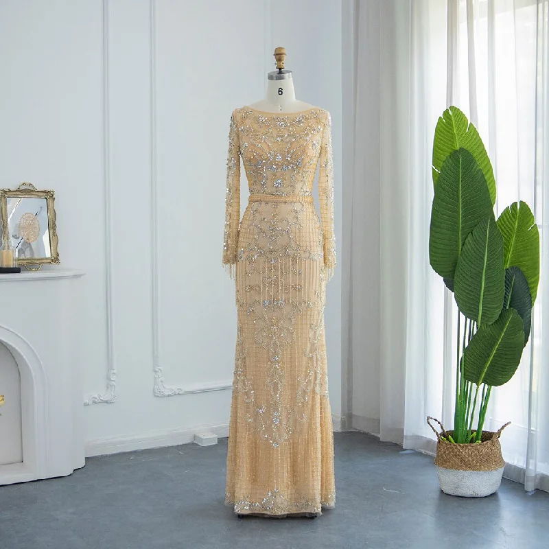 For Sale Beading Tassel Long Sleeves Evening Dress SS408 Crew Neckline Casual