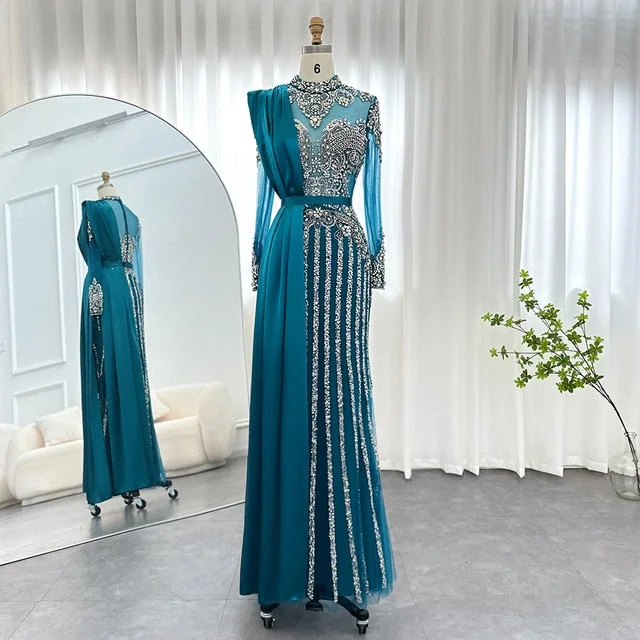 Luxury Crystal Muslim Evening Dress with Overskirt SS013 Tunics Bridal satin