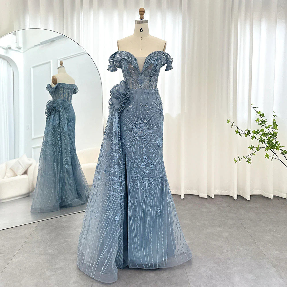 Luxury 3D Flowers Mermaid Blue Evening Dress With Overskirt SS156 Tunics Party sparkling Luxury 3D Flowers Mermaid Blue Evening Dress With Overskirt SS156 Tunics Party sparkling