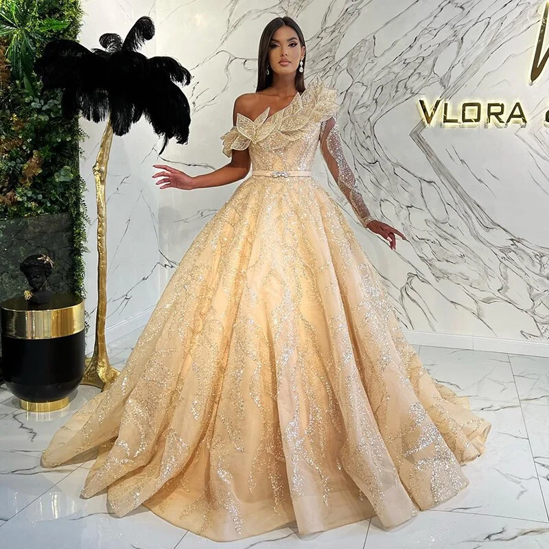 Luxury Ball Gown Gold One Shoulder Evening Dress SS359 Tunics Trousers formal