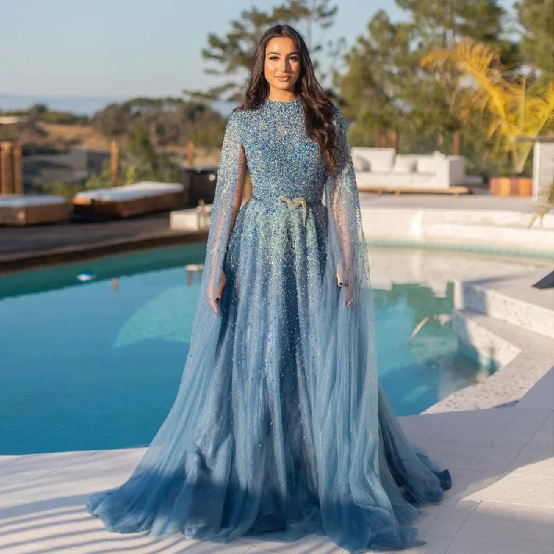 Luxury Blue High Neck Evening Dress with Cape Sleeves SS451 Tunics Brand named