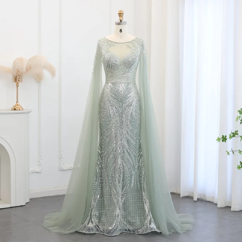 Luxury Sage Green Evening Dress with Cape Sleeves SS049 Off-the-shoulder Chic Trendy Luxury Sage Green Evening Dress with Cape Sleeves SS049 Off-the-shoulder Chic Trendy