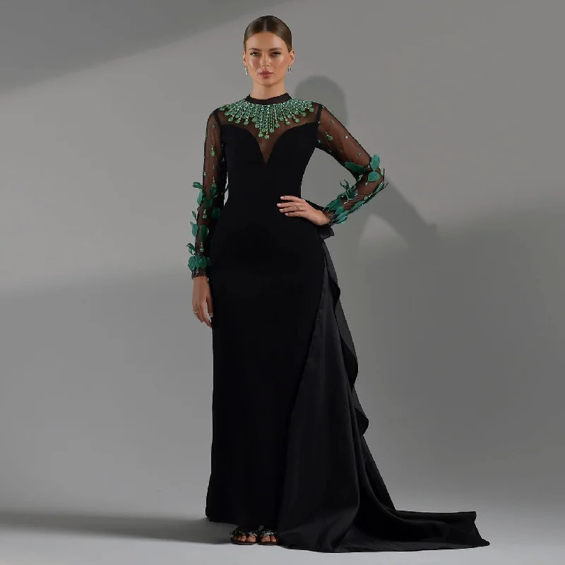 Luxury Feathers Black Long Sleeves Evening Dress SS457 Crew Neckline Casual