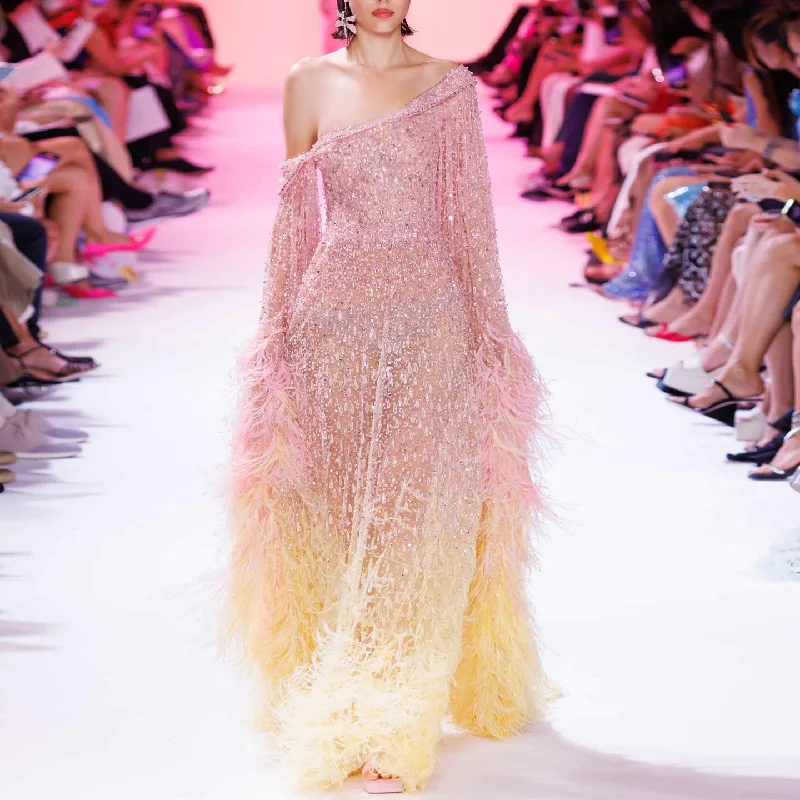 Luxury Feather One Shoulder Evening Dress with Cape Sleeves SS438 Tunics Sophisticated sleek Luxury Feather One Shoulder Evening Dress with Cape Sleeves SS438 Tunics Sophisticated sleek