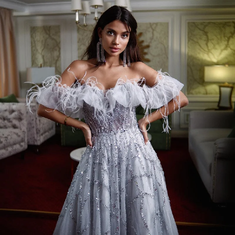 Luxury Feather Silver Off Shoulder Evening Dress SS081 A-Line Day Work