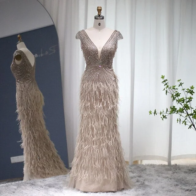 Luxury Feathers Auburn Mermaid Evening Dress SS036 Tunics Fashionable trendy