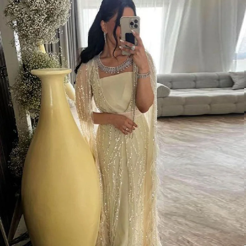 Luxury Feathers Yellow Evening Dress with Cape Sleeves SS420 Tunics Fall fleece